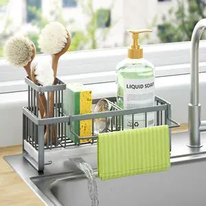 Sponge Holder for Kitchen Sink - Self-draining Sink Caddy with Brush and Dishcloth Holders, Stainless Steel Kitchen Organizer for Countertop - Grey Sponge Holder for Kitchen Sink - Self-draining Sink Caddy with Brush and Dishcloth Holders, Stainless Steel Kitchen Organizer for Countertop - Grey