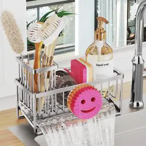 Sponge Holder for Kitchen Sink,Smiley Face Sink Caddy with Removable Brush Holder,Self-Draining Sponge Caddy for Soap,Dish Brush,Scrubber,Kitchen Essentials and Gadgets-Silver Sponge Holder for Kitchen Sink,Smiley Face Sink Caddy with Removable Brush Holder,Self-Draining Sponge Caddy for Soap,Dish Brush,Scrubber,Kitchen Essentials and Gadgets-Silver