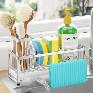 Sponge Holder for Kitchen Sink - Self-draining Sink Caddy with Brush Holder and Dishcloth Holder, Stainless Steel Kitchen Organizer - Silver Sponge Holder for Kitchen Sink - Self-draining Sink Caddy with Brush Holder and Dishcloth Holder, Stainless Steel Kitchen Organizer - Silver