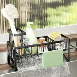 Sponge Holder for Kitchen Sink - Sink Caddy with Brush Holder and Stainless Steel Self Drain Tray, Sponge Caddy Organizer with Divider Kitchen Accessories Storage for Countertop, Black Sponge Holder for Kitchen Sink - Sink Caddy with Brush Holder and Stainless Steel Self Drain Tray, Sponge Caddy Organizer with Divider Kitchen Accessories Storage for Countertop, Black