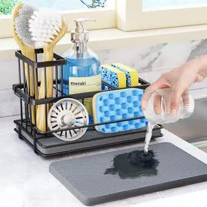 Sink Caddy Sponge Holder - Kitchen Sink Organizer with Instant Drying Stone and Brush Holder, Stainless Steel Bathroom Counter Organizer - Black Sink Caddy Sponge Holder - Kitchen Sink Organizer with Instant Drying Stone and Brush Holder, Stainless Steel Bathroom Counter Organizer - Black