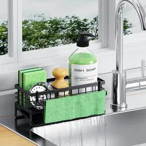 Self-Draining Kitchen Sink Caddy, Rustproof Non-Slip Metal Sponge Holder with Detachable Dish Cloth Holder (Black) Self-Draining Kitchen Sink Caddy, Rustproof Non-Slip Metal Sponge Holder with Detachable Dish Cloth Holder (Black)