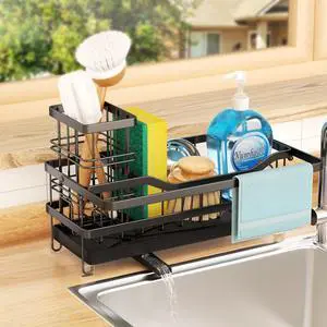 Sponge Holder for Kitchen Sink, Self-draining Sink Organizer with Towel Rack and Brush Holder, Metal Kitchen Sink Organizer for Countertop, Black Sponge Holder for Kitchen Sink, Self-draining Sink Organizer with Towel Rack and Brush Holder, Metal Kitchen Sink Organizer for Countertop, Black