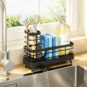 Sponge Holder for Kitchen Sink, Self-Draining Sink Caddy, Sink Organizer with Rotating Drain Spout and Movable Brush Holder for Narrow Countertops (Black, 7.9" x 3.5" x 6.0") Sponge Holder for Kitchen Sink, Self-Draining Sink Caddy, Sink Organizer with Rotating Drain Spout and Movable Brush Holder for Narrow Countertops (Black, 7.9" x 3.5" x 6.0")