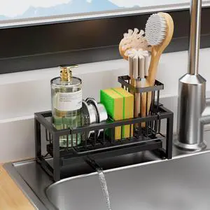 Sponge Holder for Kitchen Sink, 304 Stainless Steel Sink Caddy with Tall Brush Holder & Self-Draining Tray, 3-Compartment Countertop Organizer for Dish Soap Dispenser, Sponge, Scrubber, Black Sponge Holder for Kitchen Sink, 304 Stainless Steel Sink Caddy with Tall Brush Holder & Self-Draining Tray, 3-Compartment Countertop Organizer for Dish Soap Dispenser, Sponge, Scrubber, Black