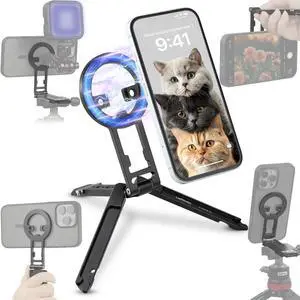 Metal Strong Magnetic Phone Stand -Adjustable Foldable Mini Desktop Tripod Holder Compatible with iPhone 17 Pro/16/15 Pro Max/14/13/12 /MagSafe Cases/or Android Phones Metal Strong Magnetic Phone Stand -Adjustable Foldable Mini Desktop Tripod Holder Compatible with iPhone 17 Pro/16/15 Pro Max/14/13/12 /MagSafe Cases/or Android Phones