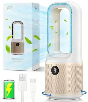 Small Bladeless Desk Fan Quiet, 14 Inch USB Rechargeable Table Fan with 5000mAh Battery, 60° Oscillating 9 Speeds Touch Control, 3 Light Modes, Mini Portable Fan for Office Bedroom Living Room Small Bladeless Desk Fan Quiet, 14 Inch USB Rechargeable Table Fan with 5000mAh Battery, 60° Oscillating 9 Speeds Touch Control, 3 Light Modes, Mini Portable Fan for Office Bedroom Living Room