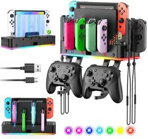 Switch/OLED Wall Mount with RGB,Switch Organizer with Holder,Charging Dock for Joycon with 15 Light Mode,2 USB Ports,4 Controller Charger,10 Card Slots Switch/OLED Wall Mount with RGB,Switch Organizer with Holder,Charging Dock for Joycon with 15 Light Mode,2 USB Ports,4 Controller Charger,10 Card Slots