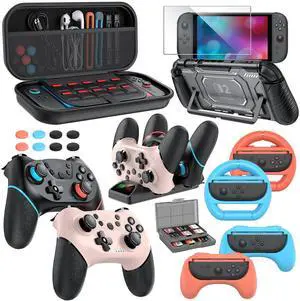 Switch 2 Pro Controller Accessories Bundle for Nintendo Switch 2 (2025), 21-in-1 Kits: Wireless Controllers,Carrying Case,Controller Charger Dock,Grips for Joy Con,Steering Wheels for Mario Kart Switch 2 Pro Controller Accessories Bundle for Nintendo Switch 2 (2025), 21-in-1 Kits: Wireless Controllers,Carrying Case,Controller Charger Dock,Grips for Joy Con,Steering Wheels for Mario Kart