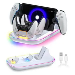 Charging Dock Station for PS Portal & PS5 Controllers 3-in-1 RGB Charging Stand with Indicator, Type-C Cable, Dual Holder for PlayStation Remote Gaming Setup for PlayStation Players Charging Dock Station for PS Portal & PS5 Controllers 3-in-1 RGB Charging Stand with Indicator, Type-C Cable, Dual Holder for PlayStation Remote Gaming Setup for PlayStation Players
