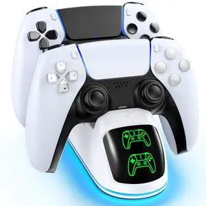 PS5 Controller Charger Station Compatible with PlayStation 5 Dualsense & Edge Controllers, RGB PS5 Controller Charging Dock Holder Stand with Fast Charge Cable for PS 5 Accessories Kits PS5 Controller Charger Station Compatible with PlayStation 5 Dualsense & Edge Controllers, RGB PS5 Controller Charging Dock Holder Stand with Fast Charge Cable for PS 5 Accessories Kits