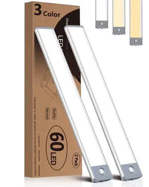 Motion Sensor Under Cabinet Lighting 3 Color Temperatures, 60-LED Wireless Closet Light, USB-C Rechargeable Battery Powered Operated Lights, Magnetic Activated Cupboard Night Light 2 Pack Motion Sensor Under Cabinet Lighting 3 Color Temperatures, 60-LED Wireless Closet Light, USB-C Rechargeable Battery Powered Operated Lights, Magnetic Activated Cupboard Night Light 2 Pack
