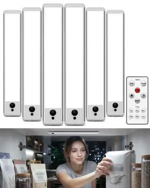 6 Pack Under Cabinet Lights, 14.5'' Magnetic Motion Sensor Light, 4000mAh Rechargeable Closet Light with Remote & Timer, Dimmable 5700K Cool White for Kitchen, Closet, Stairs, Hallway 6 Pack Under Cabinet Lights, 14.5'' Magnetic Motion Sensor Light, 4000mAh Rechargeable Closet Light with Remote & Timer, Dimmable 5700K Cool White for Kitchen, Closet, Stairs, Hallway