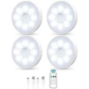 Motion Sensor Puck Light with Remote, Wireless Dimmable Under Cabinet Lights, Rechargeable Magnetic Closet Light, Stick on Night Light, 4-Pack Motion Sensor Puck Light with Remote, Wireless Dimmable Under Cabinet Lights, Rechargeable Magnetic Closet Light, Stick on Night Light, 4-Pack
