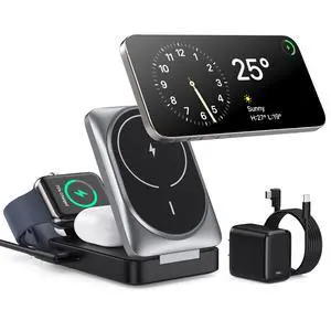 3 in 1 Wireless Charger Station for iPhone, 2026 Upgraded Travel Foldable Magnetic 15W Fast Wireless Charging Stand for Mag-Safe with 30W USB C Adapter for iPhone 17/16/15/14/13/12,Apple Watch,AirPods 3 in 1 Wireless Charger Station for iPhone, 2026 Upgraded Travel Foldable Magnetic 15W Fast Wireless Charging Stand for Mag-Safe with 30W USB C Adapter for iPhone 17/16/15/14/13/12,Apple Watch,AirPods