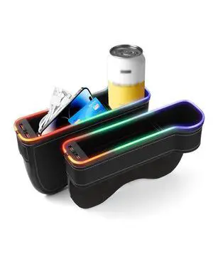 RGB Color Changing LED Car Seat Gap Filler Organizer Console Side Seat Gap Storage Box with Cup Holders and USB Chargers for Car Interior Accessories (2 Pack) RGB Color Changing LED Car Seat Gap Filler Organizer Console Side Seat Gap Storage Box with Cup Holders and USB Chargers for Car Interior Accessories (2 Pack)