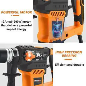 1-1/4 Inch SDS-Plus 13 Amp Rotary Hammer Drill Heavy Duty, Safety Clutch 3 Functions with Vibration Control,Including Grease, Flat Chisels, Point Chisels and 3 Drill Bits 1-1/4 Inch SDS-Plus 13 Amp Rotary Hammer Drill Heavy Duty, Safety Clutch 3 Functions with Vibration Control,Including Grease, Flat Chisels, Point Chisels and 3 Drill Bits