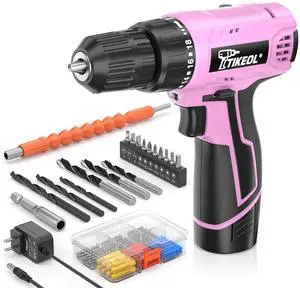 12V Cordless Drill Set with Battery & Charger, Electric Power Drill with Pure Copper Motor, 180 In-lbs Torque, 18+1 Clutch, 3/8" Keyless Chuck, LED Light, Drill Kit for Home Repair, DIY(Pink) 12V Cordless Drill Set with Battery & Charger, Electric Power Drill with Pure Copper Motor, 180 In-lbs Torque, 18+1 Clutch, 3/8" Keyless Chuck, LED Light, Drill Kit for Home Repair, DIY(Pink)