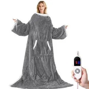 Heated Wearable Electric Blanket with Sleeves & Foot Pocket, Stripe Fleece Sherpa, 6 Heat Levels 12H Timer Setting, Over-Heat Protection, Machine Washable, 52x72 Inches Dark Gray for Office/Home/Gift Heated Wearable Electric Blanket with Sleeves & Foot Pocket, Stripe Fleece Sherpa, 6 Heat Levels 12H Timer Setting, Over-Heat Protection, Machine Washable, 52x72 Inches Dark Gray for Office/Home/Gift