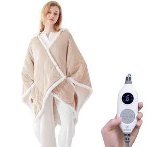 Wearable Heated Throw Blanket Flannel Sherpa 50x60 Inch Beige Wearable Heated Throw Blanket Flannel Sherpa 50x60 Inch Beige