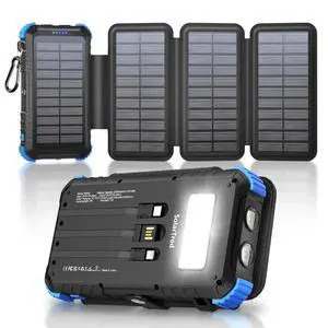 Power Bank 20000mAh with 4 Panels, Portable Solar Charger with Build-in 3 Cables for iPhone, USB C in/Output 15W Fast Charging External Battery Pack with Flashlight & Camping Light Power Bank 20000mAh with 4 Panels, Portable Solar Charger with Build-in 3 Cables for iPhone, USB C in/Output 15W Fast Charging External Battery Pack with Flashlight & Camping Light