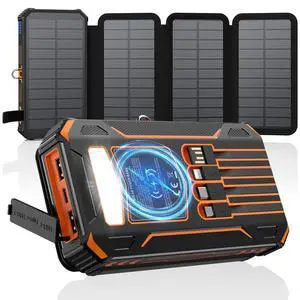 Solar Charger Power Bank 20000mAh Built-in 4 Cables, Wireless Portable Charger with 4 Solar Panels and 3 USB Ports, PD QC 3.0 Fast Charging Battery Pack for Cell Phone, Tablets(Orange) Solar Charger Power Bank 20000mAh Built-in 4 Cables, Wireless Portable Charger with 4 Solar Panels and 3 USB Ports, PD QC 3.0 Fast Charging Battery Pack for Cell Phone, Tablets(Orange)