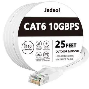 Cat 6 Ethernet Cable 25 ft with Cable Clips, 10Gbps Support Cat8 Cat7 Network, Flat RJ45 LAN Patch Cable, High-Speed Wired Internet Cable for Router, Modem, Switch, Gaming Consoles, PC, White Cat 6 Ethernet Cable 25 ft with Cable Clips, 10Gbps Support Cat8 Cat7 Network, Flat RJ45 LAN Patch Cable, High-Speed Wired Internet Cable for Router, Modem, Switch, Gaming Consoles, PC, White