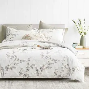 Vintage Botanical White Cotton Comforter King Size - Elegant Gray Flowers and Taupe Branches on White, Light Gray Striped Back, 3PC Lightweight Bedding Set with Ultra-Soft Alternative Fill Vintage Botanical White Cotton Comforter King Size - Elegant Gray Flowers and Taupe Branches on White, Light Gray Striped Back, 3PC Lightweight Bedding Set with Ultra-Soft Alternative Fill
