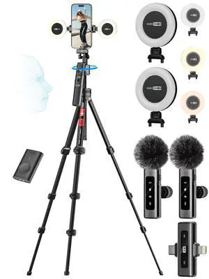 Vlogging Kit for iPhone&Android w/Fill Light,Remote&Wireless Microphones,YouTube Starter Kit Content Creator Essentials,Auto Face Tracking Camera Mount Tripod for TikTok Video Recording Vlogging Kit for iPhone&Android w/Fill Light,Remote&Wireless Microphones,YouTube Starter Kit Content Creator Essentials,Auto Face Tracking Camera Mount Tripod for TikTok Video Recording