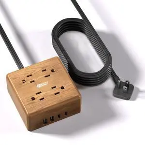 USB Power Strip Surge Protector - Desktop Extension Cord with 4 Widely Spaced Outlets & 4 Smart USB Ports, Portable Charging Station for Home, Office, Hotel, Dorm, RV, Faux Walnut Grain USB Power Strip Surge Protector - Desktop Extension Cord with 4 Widely Spaced Outlets & 4 Smart USB Ports, Portable Charging Station for Home, Office, Hotel, Dorm, RV, Faux Walnut Grain