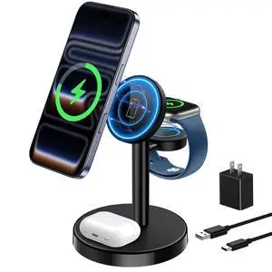 3 in 1 Fast Wireless Charging Station for Apple, 15W Strong Magnetic Charging Stand Compatible with MagSafe Charger for iPhone 17 16 15 14 13 12 Apple Watch AirPods Series, Adapter Included 3 in 1 Fast Wireless Charging Station for Apple, 15W Strong Magnetic Charging Stand Compatible with MagSafe Charger for iPhone 17 16 15 14 13 12 Apple Watch AirPods Series, Adapter Included