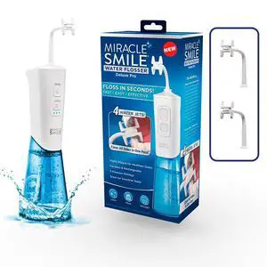 Miracle Smile Water Flosser for Teeth&Gum Health, Unique H-Shaped Flossing Head&4 Water Jets, Cordless Water Flosser Features 360° Cleaning&3 Pressure Modes, USB Rechargeable Dental Floss, White Miracle Smile Water Flosser for Teeth&Gum Health, Unique H-Shaped Flossing Head&4 Water Jets, Cordless Water Flosser Features 360° Cleaning&3 Pressure Modes, USB Rechargeable Dental Floss, White