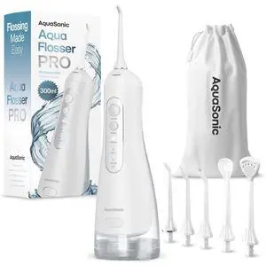 Aqua Flosser PRO - Rechargeable Electric Cordless Water Flosser for Teeth, Gums & Tongue - Waterproof Modern Design, 300ml Large Tank, 3 Modes, 6 Jet Tips, Deluxe Tongue Nozzle - Optic White Aqua Flosser PRO - Rechargeable Electric Cordless Water Flosser for Teeth, Gums & Tongue - Waterproof Modern Design, 300ml Large Tank, 3 Modes, 6 Jet Tips, Deluxe Tongue Nozzle - Optic White