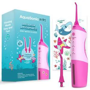 Kids' Water Flosser for Ages 6+ | Standard Nozzle, Orthodontic Nozzle & Waterproof Stickers | 4 Flossing Modes | Aquarium Adventures Theme (Pink) Kids' Water Flosser for Ages 6+ | Standard Nozzle, Orthodontic Nozzle & Waterproof Stickers | 4 Flossing Modes | Aquarium Adventures Theme (Pink)