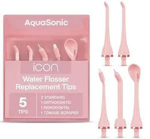 Genuine Icon Water Flosser Replacement Tips - 5 Tips, 4 Types: Standard, Periodontal, Orthodontic & Tongue Scraper - Authentic Parts (Blush) Genuine Icon Water Flosser Replacement Tips - 5 Tips, 4 Types: Standard, Periodontal, Orthodontic & Tongue Scraper - Authentic Parts (Blush)