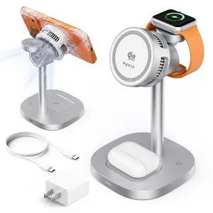 3 in 1 Wireless Charger, Qi2.2 Certified 25W Magnetic Charging Station with Active Cooling for iPhone 17/16/15/14/13/12, Apple Watch & AirPods, 45W Adapter Included, Silver 3 in 1 Wireless Charger, Qi2.2 Certified 25W Magnetic Charging Station with Active Cooling for iPhone 17/16/15/14/13/12, Apple Watch & AirPods, 45W Adapter Included, Silver