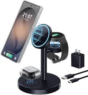 Magnetic Wireless Charger for Samsung, 3 in 1 Super Fast Charging Station Compatible with MagSafe, Phone Charger Stand for Samsung Galaxy S26 Ultra S25 Z Fold/Flip 7, Watch Ultra 8 7 6, Buds 4/3 Pro Magnetic Wireless Charger for Samsung, 3 in 1 Super Fast Charging Station Compatible with MagSafe, Phone Charger Stand for Samsung Galaxy S26 Ultra S25 Z Fold/Flip 7, Watch Ultra 8 7 6, Buds 4/3 Pro