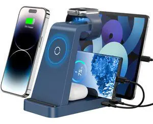 Wireless Charger for iPhone - 5 in 1 Charging Station for Multiple Devices Apple: Fast Wireless Charging Stand Dock for iPhone 17 16e 16 15 14 13 12 Pro Max Apple Watch Airpods(Blue) Wireless Charger for iPhone - 5 in 1 Charging Station for Multiple Devices Apple: Fast Wireless Charging Stand Dock for iPhone 17 16e 16 15 14 13 12 Pro Max Apple Watch Airpods(Blue)