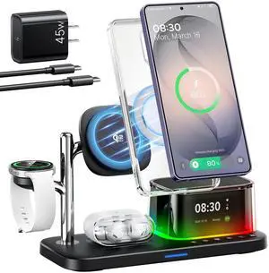 25W 5 in 1 Charging Station for Galaxy S26 Ultra with Bluetooth Speaker/Alarm Clock/Night Light, Qi2.2 Fast Magnetic Wireless Charger with 45W Adapter for S26/Z Fold7, for Galaxy Watch 8/Buds 25W 5 in 1 Charging Station for Galaxy S26 Ultra with Bluetooth Speaker/Alarm Clock/Night Light, Qi2.2 Fast Magnetic Wireless Charger with 45W Adapter for S26/Z Fold7, for Galaxy Watch 8/Buds