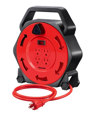 25FT Extension Cord Reel, Hand Wind Retractable Cord Reel | 16/3 SJTW Power Cord, 4 Grounded Outlets, 13 Amp Circuit Breaker, Ideal for Workshop, Outdoor, Red, UL Listed 25FT Extension Cord Reel, Hand Wind Retractable Cord Reel | 16/3 SJTW Power Cord, 4 Grounded Outlets, 13 Amp Circuit Breaker, Ideal for Workshop, Outdoor, Red, UL Listed