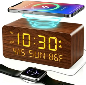 Premium Brown Wooden Digital Alarm Clock with Wireless Phone Charger, USB Charging Ports, Dimmable LED Display, Date, Day of Week, Temperature, Digital Desk Clock for Bedroom Nightstand Living Room Premium Brown Wooden Digital Alarm Clock with Wireless Phone Charger, USB Charging Ports, Dimmable LED Display, Date, Day of Week, Temperature, Digital Desk Clock for Bedroom Nightstand Living Room