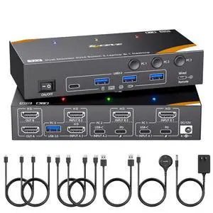 KCEVE KVM Switch 2 Monitors 3 Computers USB C, USB 3.0 KVM Switch Dual Monitor HDMI for 2 Laptops 1 Desktop Share 4 USB 3.0 Device Keyboard, Mouse, 85W PD, 4K@60Hz, Power Adapter and Wired Remote KCEVE KVM Switch 2 Monitors 3 Computers USB C, USB 3.0 KVM Switch Dual Monitor HDMI for 2 Laptops 1 Desktop Share 4 USB 3.0 Device Keyboard, Mouse, 85W PD, 4K@60Hz, Power Adapter and Wired Remote