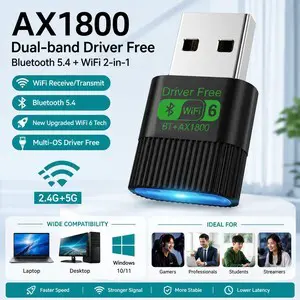 Black AX1800 WiFi6 2-in-1 USB WiFi Bluetooth Adapter Dual Band 2.4G 5G for Windows 10/11 PC Laptop WIFI6BT-AX1800 WIFI6-AX01-black-5D4KH Black AX1800 WiFi6 2-in-1 USB WiFi Bluetooth Adapter Dual Band 2.4G 5G for Windows 10/11 PC Laptop WIFI6BT-AX1800 WIFI6-AX01-black-5D4KH