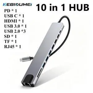 KEBIDUMEI 10 Port USB 3.0 HUB USB C To HDMI-Compatible Adapter RJ45 100Mbps 100W Reader Card Multi-Port USB Splitter For Laptop KEBIDUMEI 10 Port USB 3.0 HUB USB C To HDMI-Compatible Adapter RJ45 100Mbps 100W Reader Card Multi-Port USB Splitter For Laptop