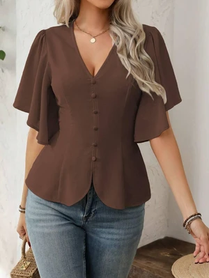 Bks Women's Elegant French Style Solid Color V-Neck Button Decor A-Line Lantern Sleeve Casual Blouse For Work, Spring/Summer Bks Women's Elegant French Style Solid Color V-Neck Button Decor A-Line Lantern Sleeve Casual Blouse For Work, Spring/Summer
