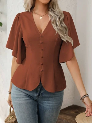 Bks Women's Elegant French Style Solid Color V-Neck Button Decor A-Line Lantern Sleeve Casual Blouse For Work, Spring/Summer Bks Women's Elegant French Style Solid Color V-Neck Button Decor A-Line Lantern Sleeve Casual Blouse For Work, Spring/Summer