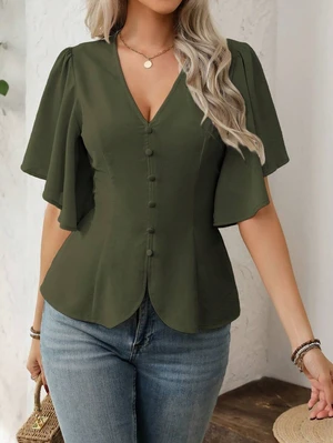 Bks Women's Elegant French Style Solid Color V-Neck Button Decor A-Line Lantern Sleeve Casual Blouse For Work, Spring/Summer Bks Women's Elegant French Style Solid Color V-Neck Button Decor A-Line Lantern Sleeve Casual Blouse For Work, Spring/Summer