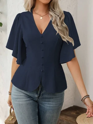 Bks Women's Elegant French Style Solid Color V-Neck Button Decor A-Line Lantern Sleeve Casual Blouse For Work, Spring/Summer Bks Women's Elegant French Style Solid Color V-Neck Button Decor A-Line Lantern Sleeve Casual Blouse For Work, Spring/Summer