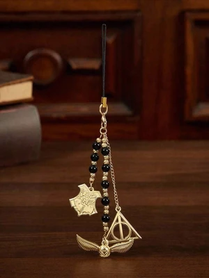 Bks Handmade Black Gold Beaded Phone Lanyard with Golden Snitch and Deathly Hallows Design for Gifts and Collection Bks Handmade Black Gold Beaded Phone Lanyard with Golden Snitch and Deathly Hallows Design for Gifts and Collection