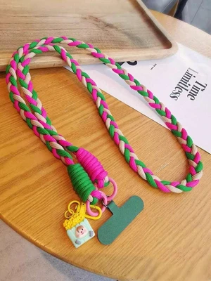 Bks Phone Lanyard with Cartoon Pendant, Color Block Knotted Braided Wrist Strap, Universal Smartphone Keychain for Travel and Daily Use Bks Phone Lanyard with Cartoon Pendant, Color Block Knotted Braided Wrist Strap, Universal Smartphone Keychain for Travel and Daily Use
